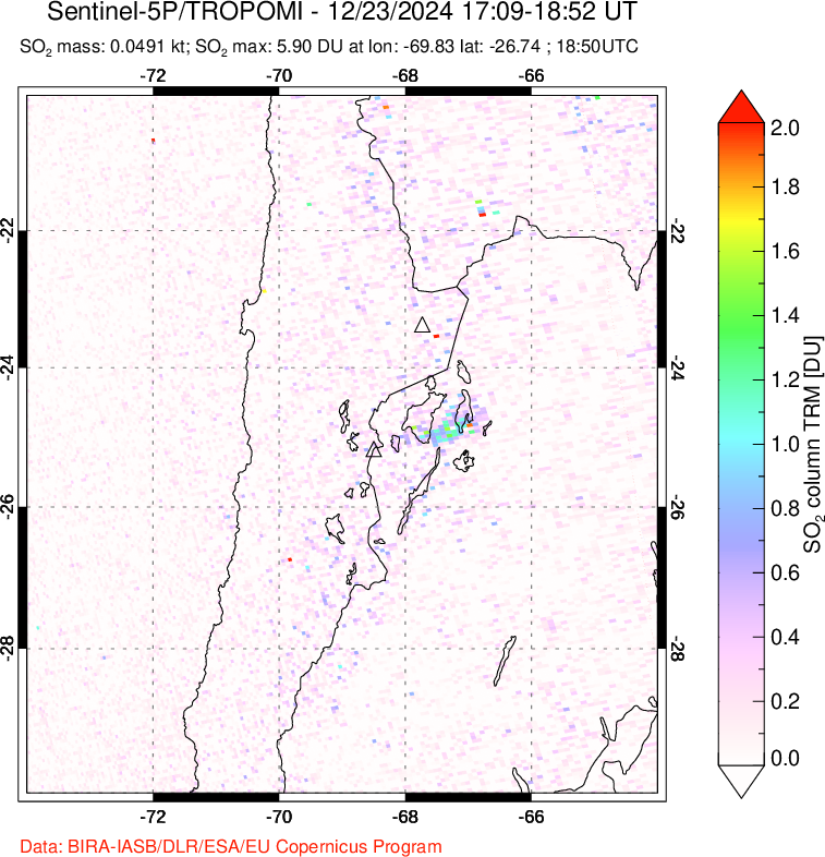 A sulfur dioxide image over Northern Chile on Dec 23, 2024.