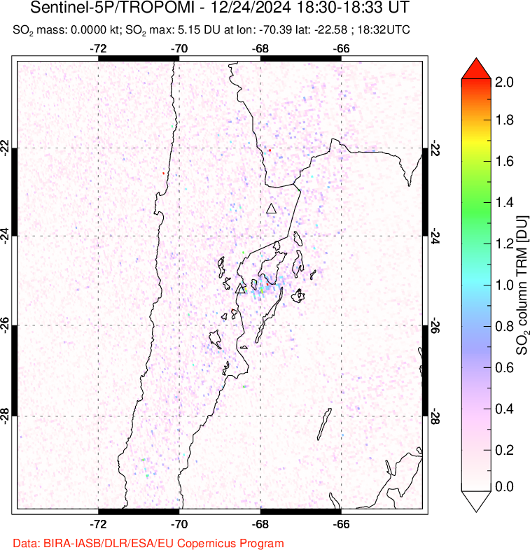 A sulfur dioxide image over Northern Chile on Dec 24, 2024.