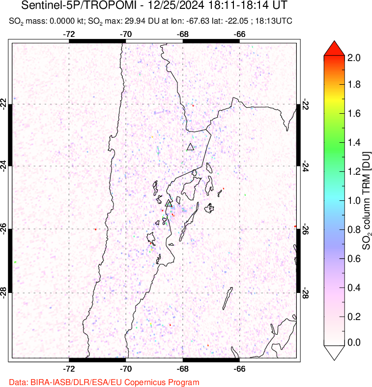 A sulfur dioxide image over Northern Chile on Dec 25, 2024.