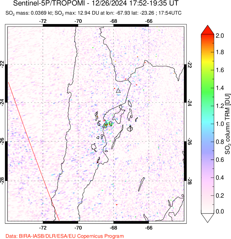 A sulfur dioxide image over Northern Chile on Dec 26, 2024.