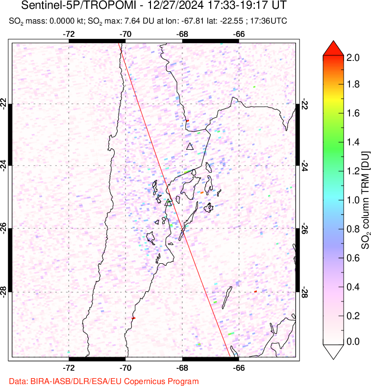 A sulfur dioxide image over Northern Chile on Dec 27, 2024.