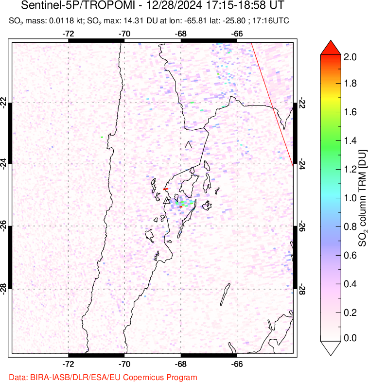 A sulfur dioxide image over Northern Chile on Dec 28, 2024.