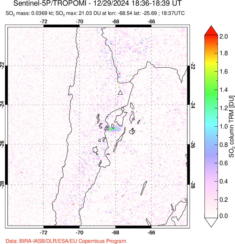 A sulfur dioxide image over Northern Chile on Dec 29, 2024.