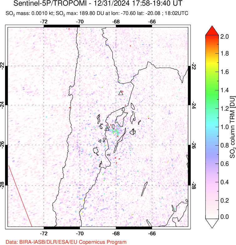 A sulfur dioxide image over Northern Chile on Dec 31, 2024.