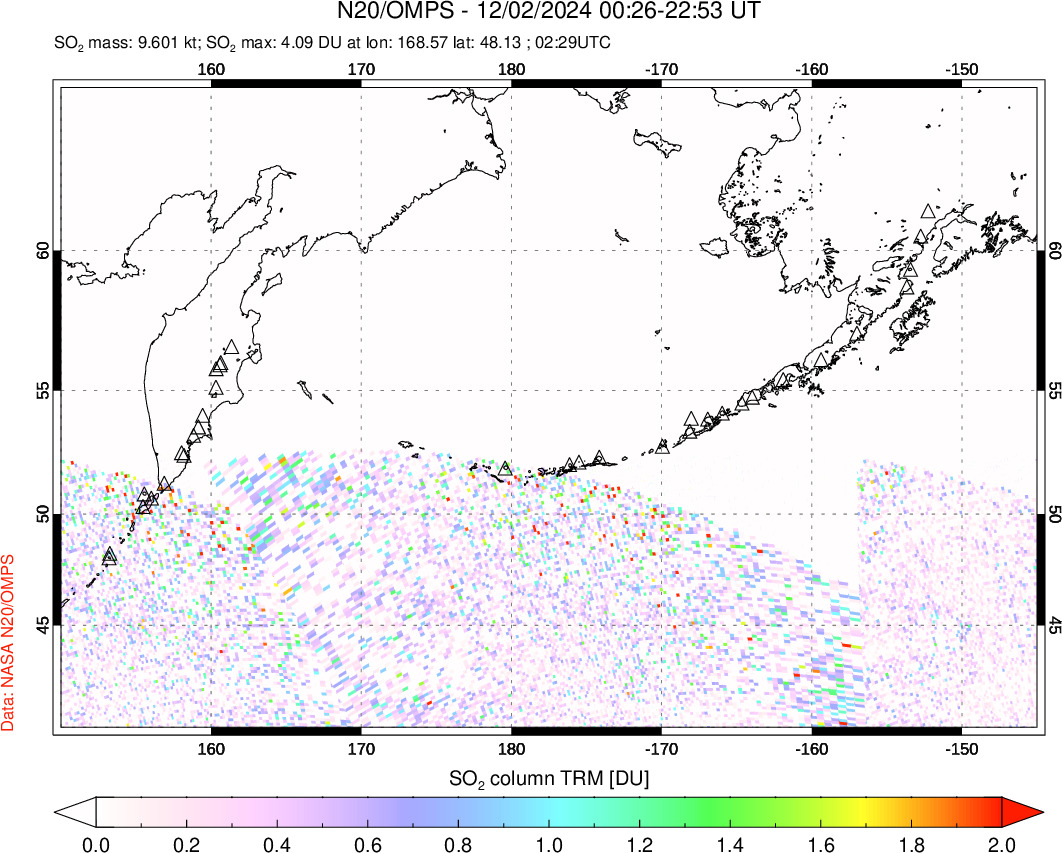 A sulfur dioxide image over North Pacific on Dec 02, 2024.