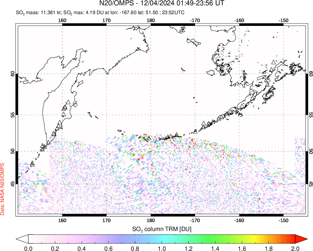 A sulfur dioxide image over North Pacific on Dec 04, 2024.