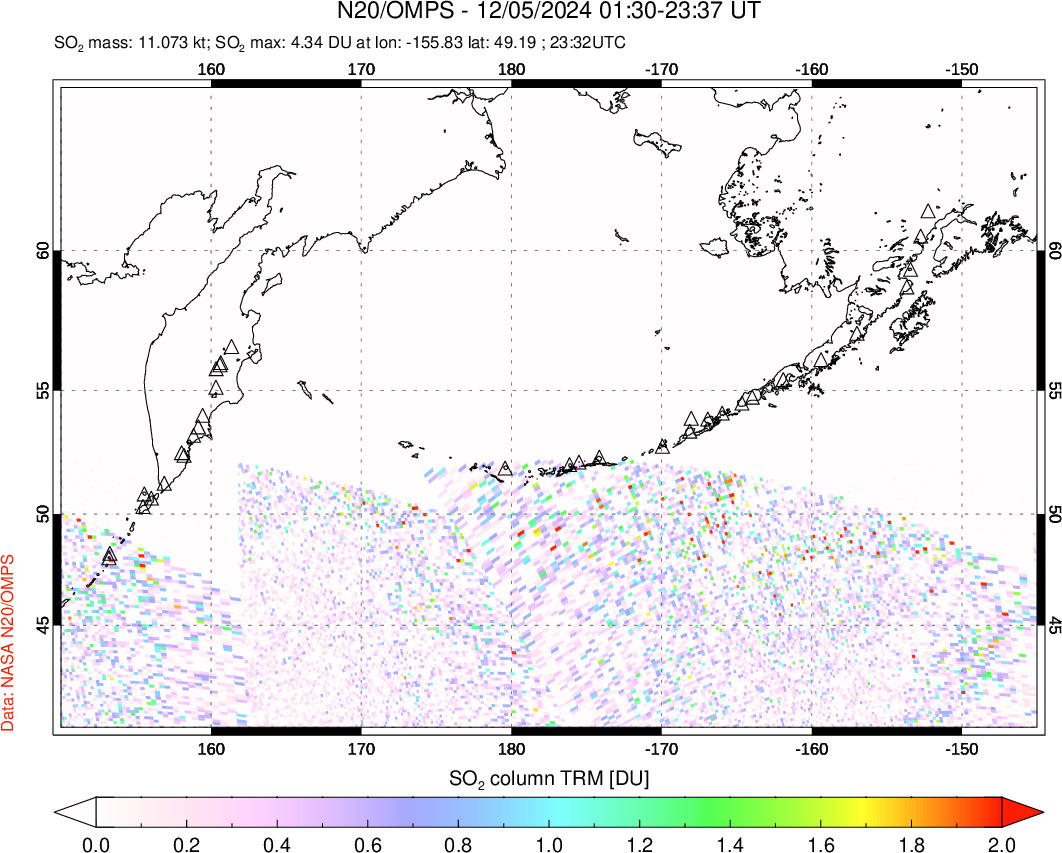 A sulfur dioxide image over North Pacific on Dec 05, 2024.