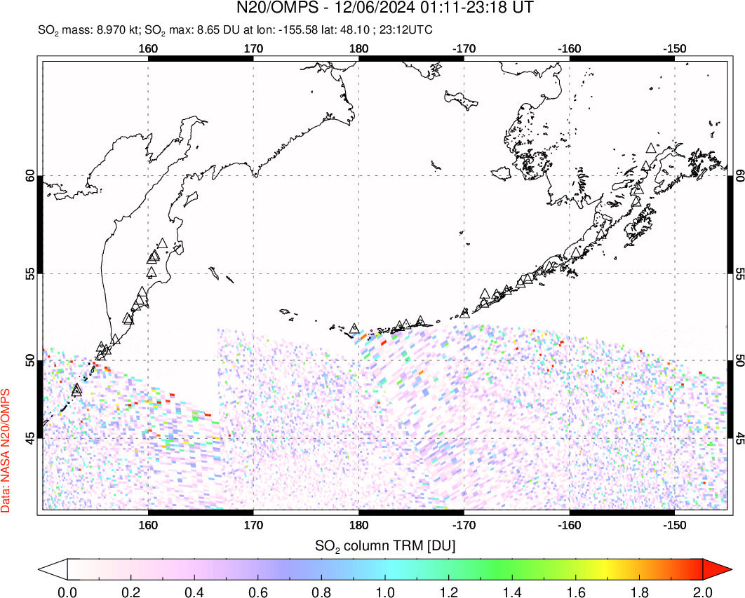 A sulfur dioxide image over North Pacific on Dec 06, 2024.