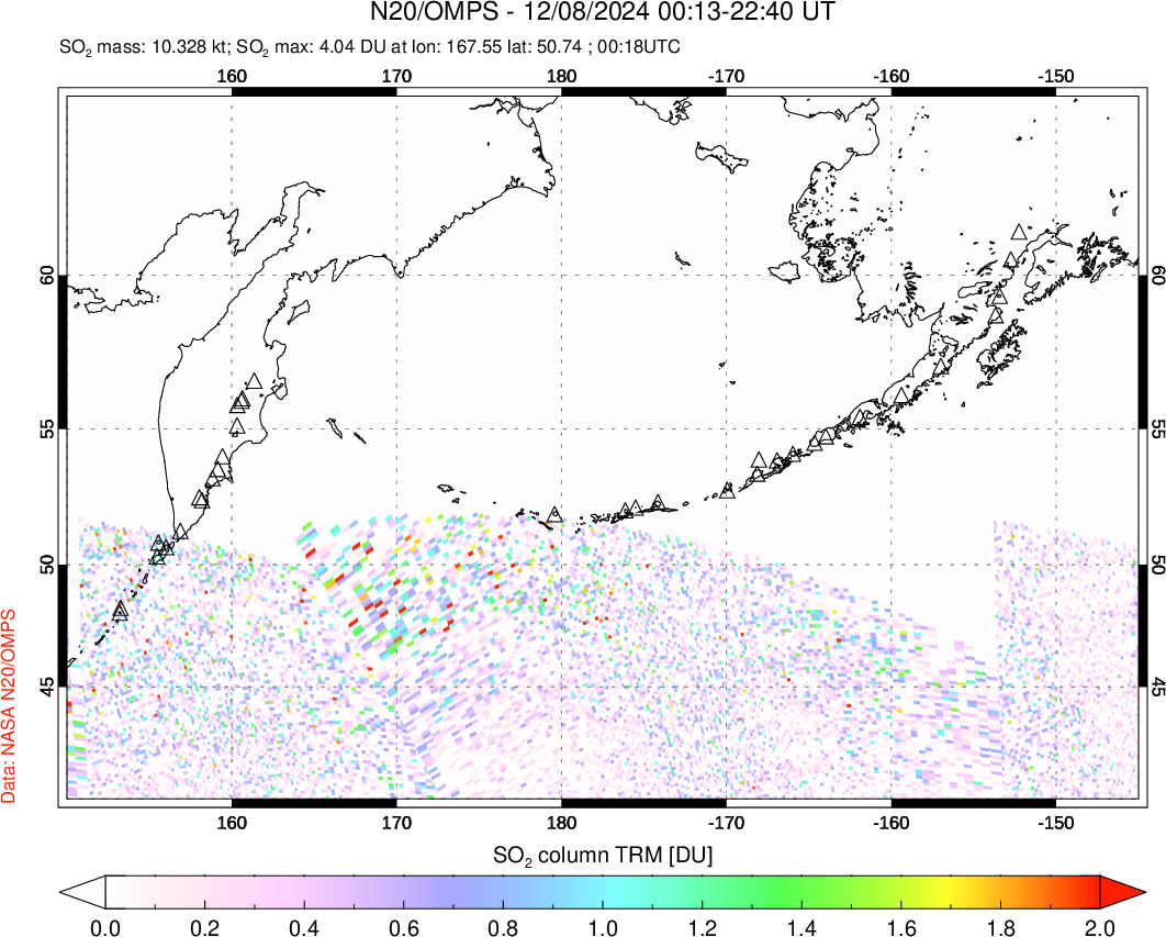 A sulfur dioxide image over North Pacific on Dec 08, 2024.