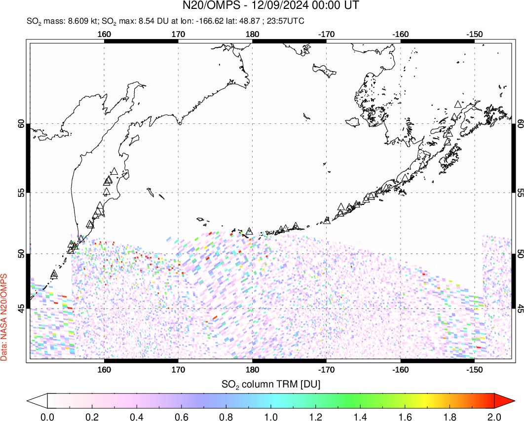 A sulfur dioxide image over North Pacific on Dec 09, 2024.