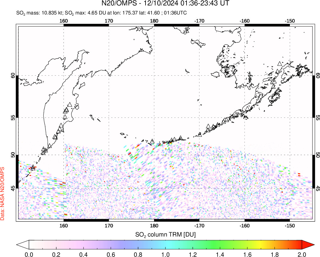 A sulfur dioxide image over North Pacific on Dec 10, 2024.