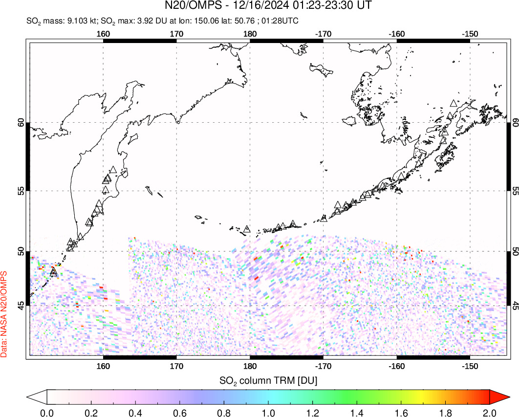 A sulfur dioxide image over North Pacific on Dec 16, 2024.