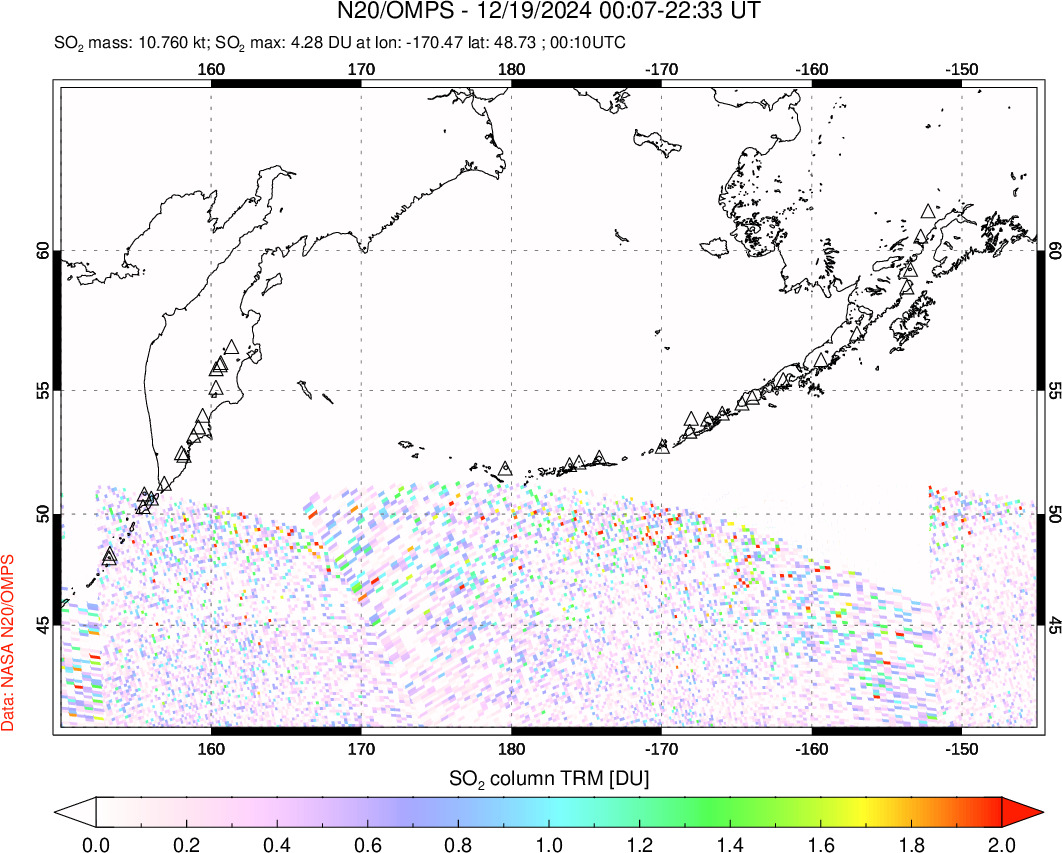 A sulfur dioxide image over North Pacific on Dec 19, 2024.