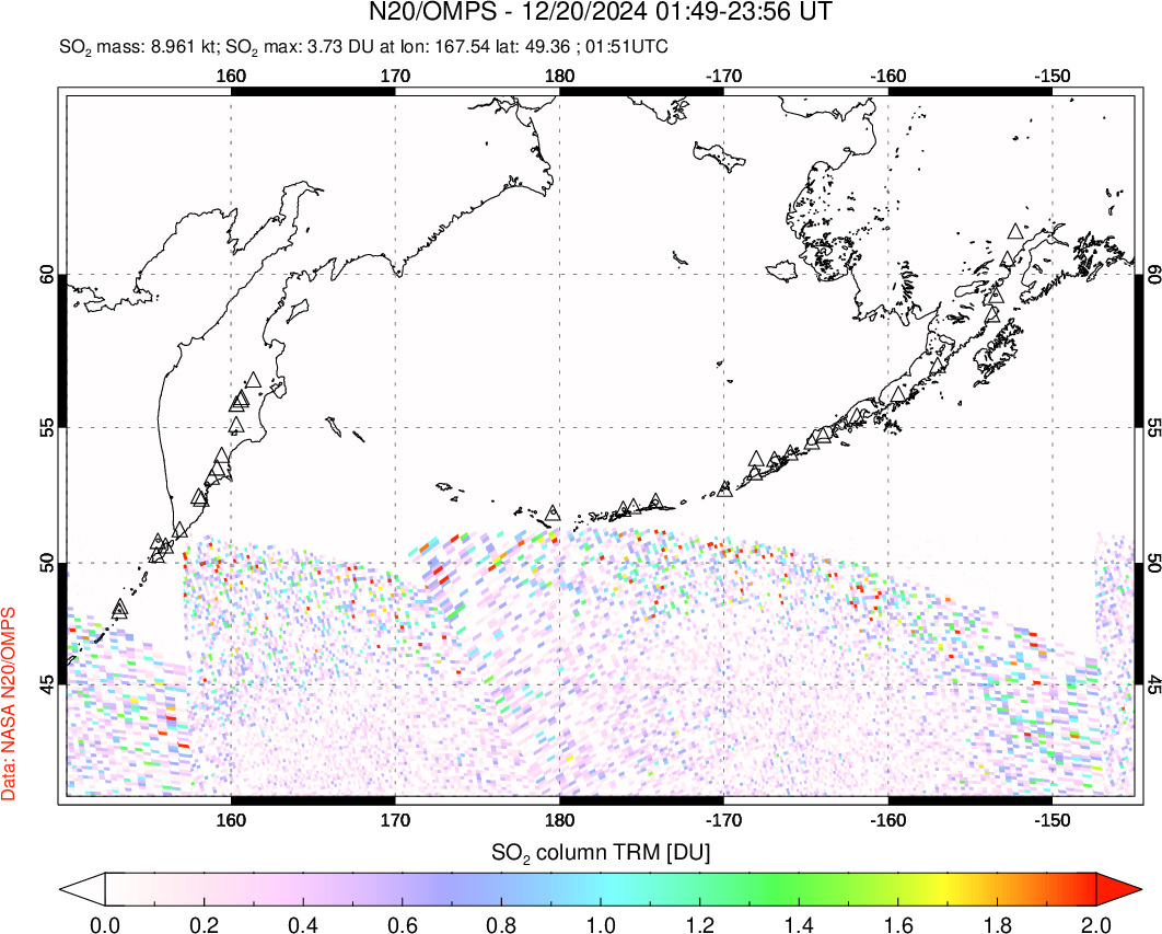 A sulfur dioxide image over North Pacific on Dec 20, 2024.