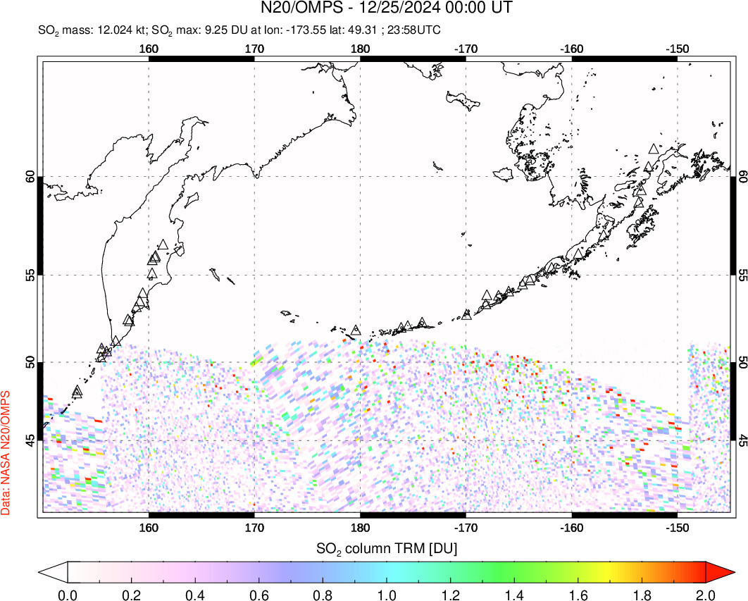 A sulfur dioxide image over North Pacific on Dec 25, 2024.