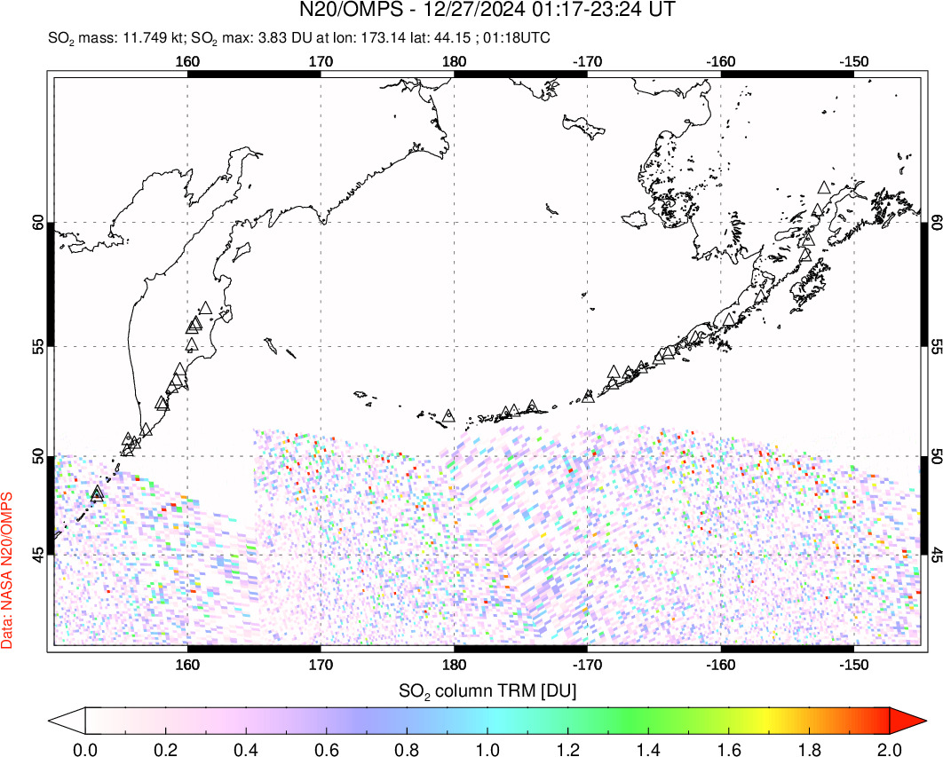 A sulfur dioxide image over North Pacific on Dec 27, 2024.