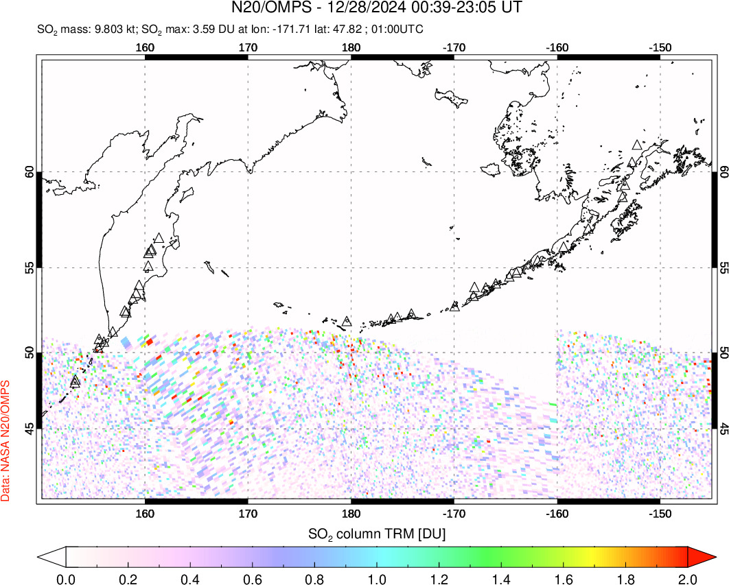 A sulfur dioxide image over North Pacific on Dec 28, 2024.