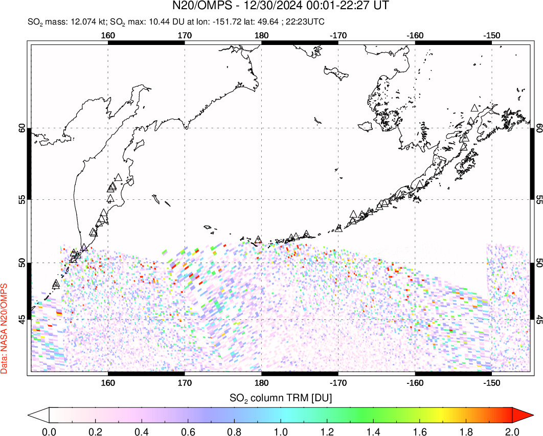 A sulfur dioxide image over North Pacific on Dec 30, 2024.