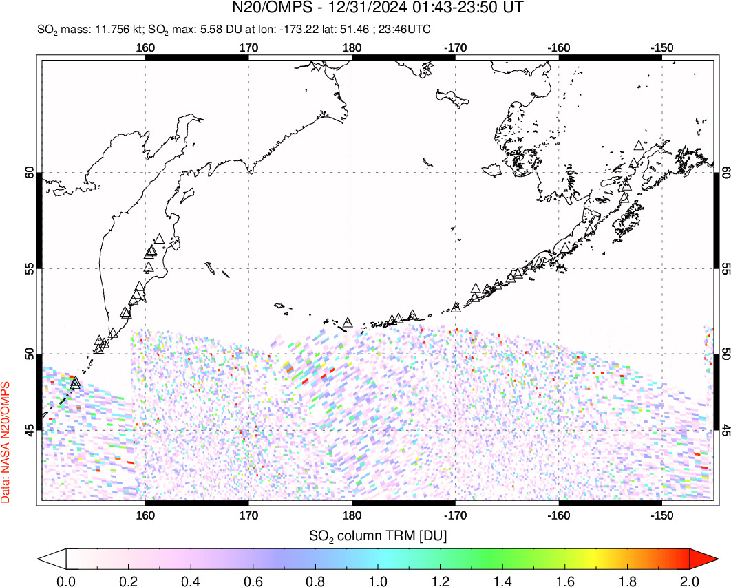 A sulfur dioxide image over North Pacific on Dec 31, 2024.