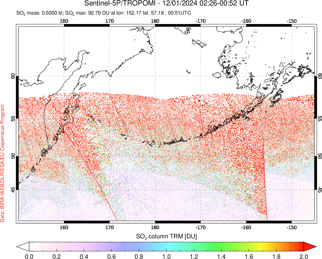 A sulfur dioxide image over North Pacific on Dec 01, 2024.