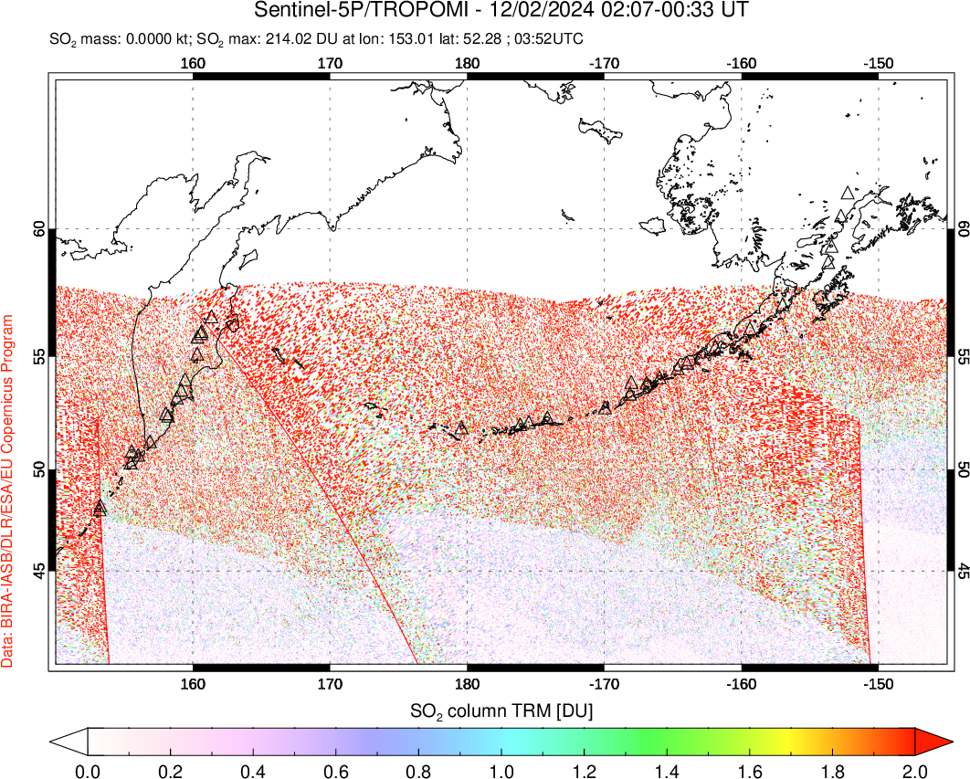 A sulfur dioxide image over North Pacific on Dec 02, 2024.