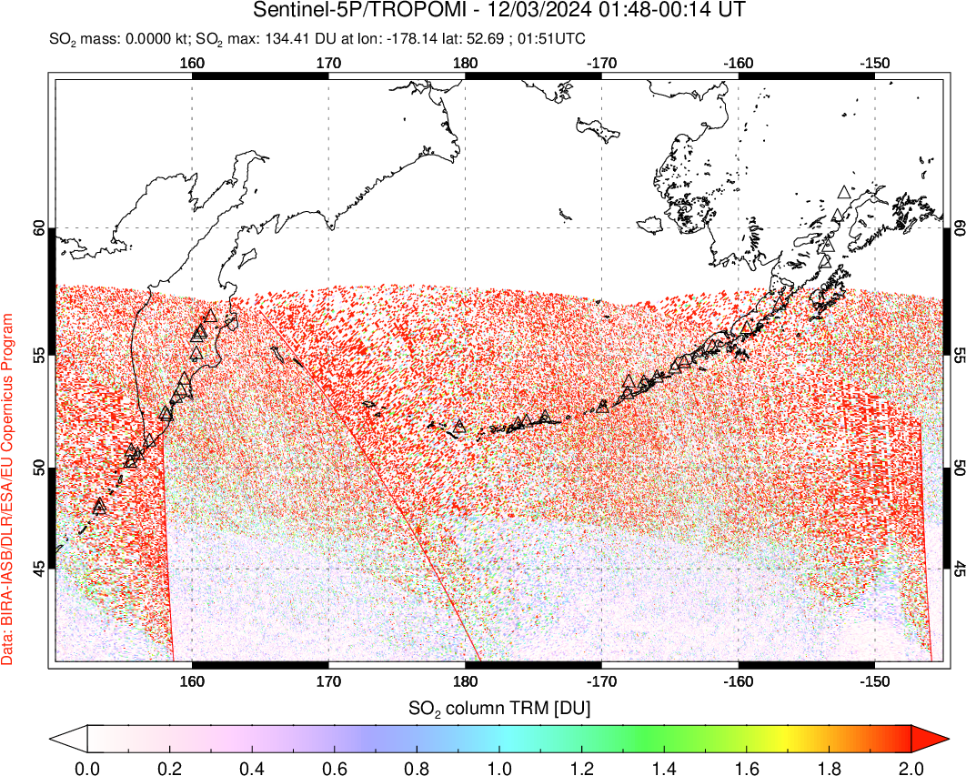 A sulfur dioxide image over North Pacific on Dec 03, 2024.