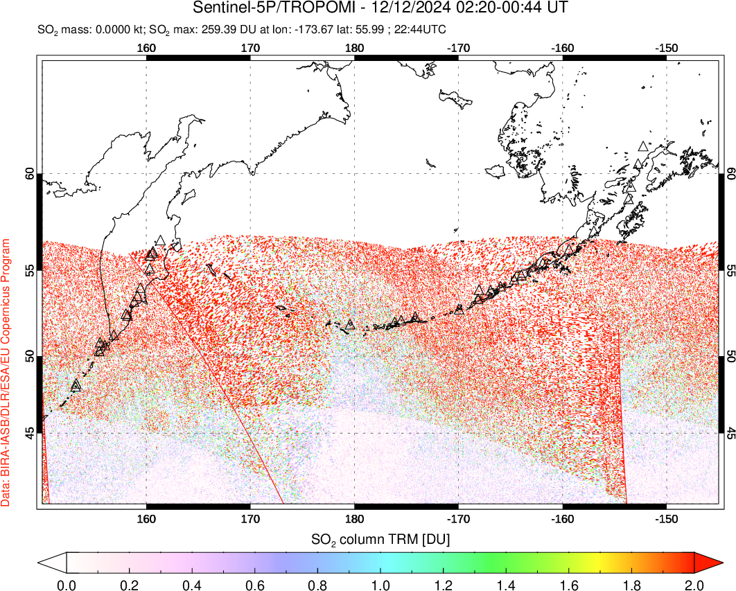 A sulfur dioxide image over North Pacific on Dec 12, 2024.