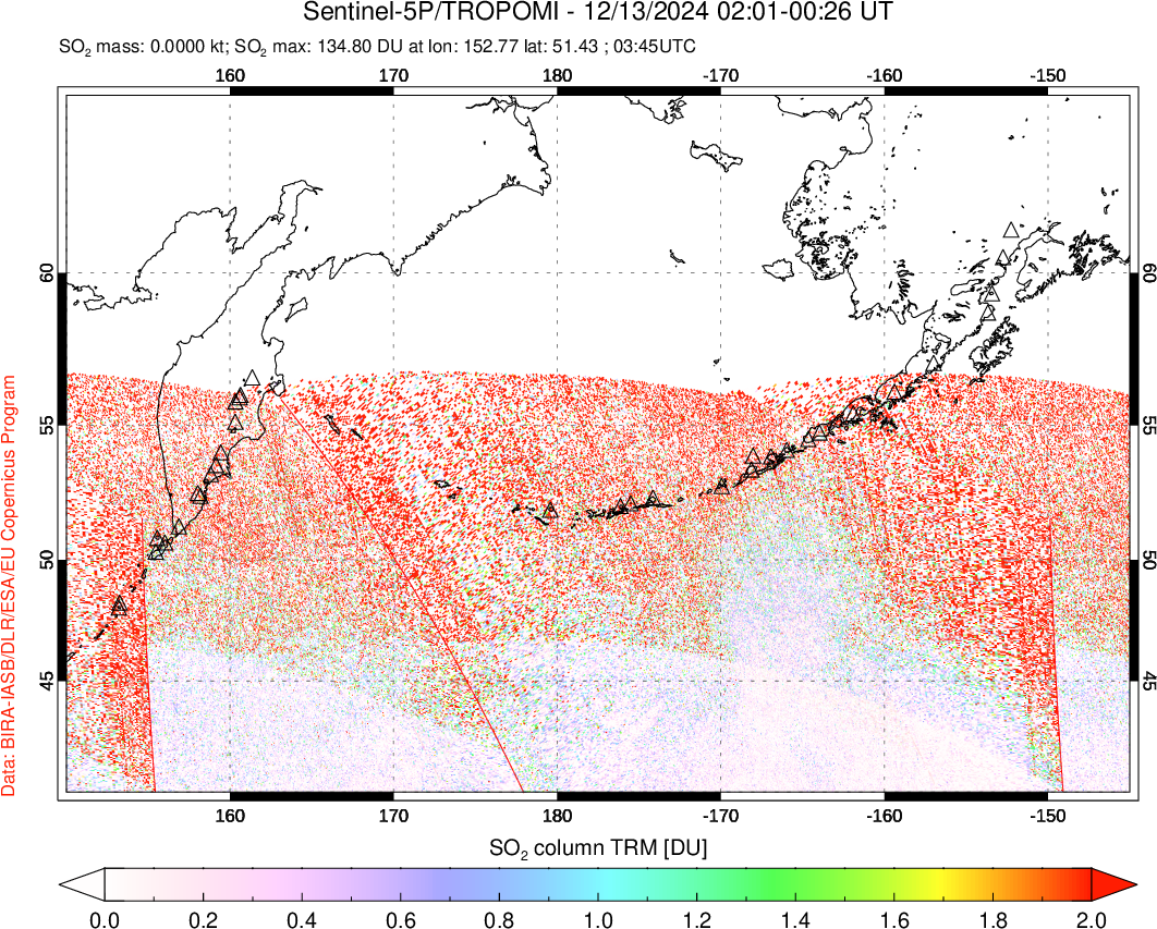 A sulfur dioxide image over North Pacific on Dec 13, 2024.