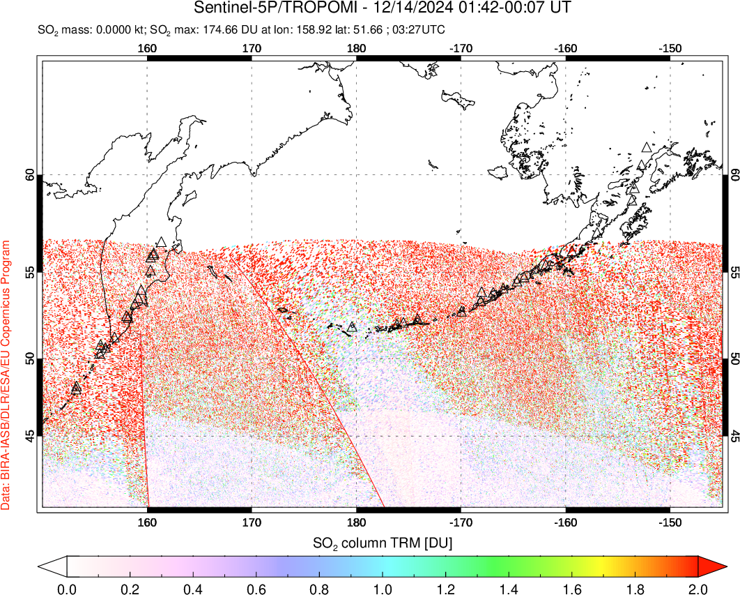 A sulfur dioxide image over North Pacific on Dec 14, 2024.