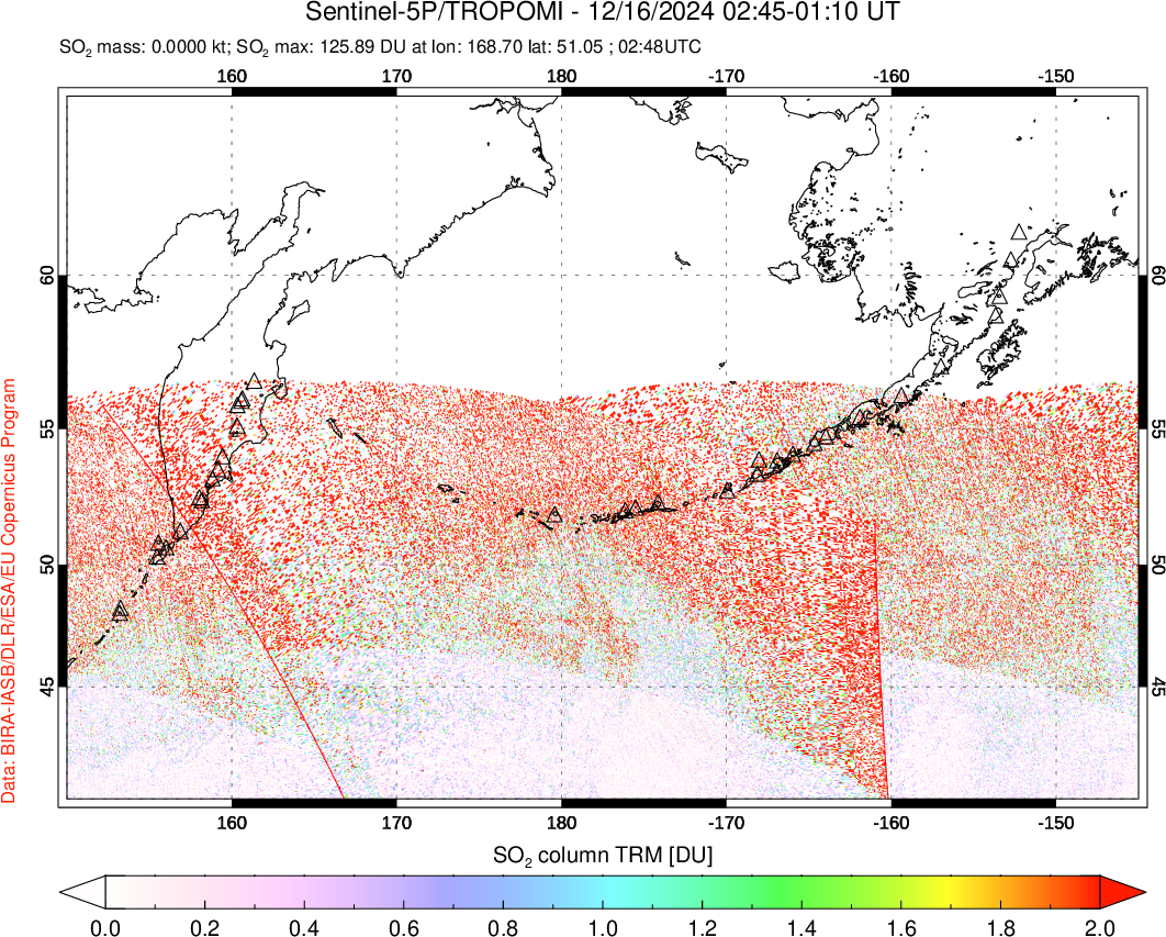 A sulfur dioxide image over North Pacific on Dec 16, 2024.