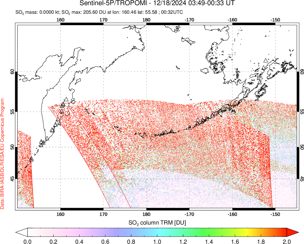 A sulfur dioxide image over North Pacific on Dec 18, 2024.