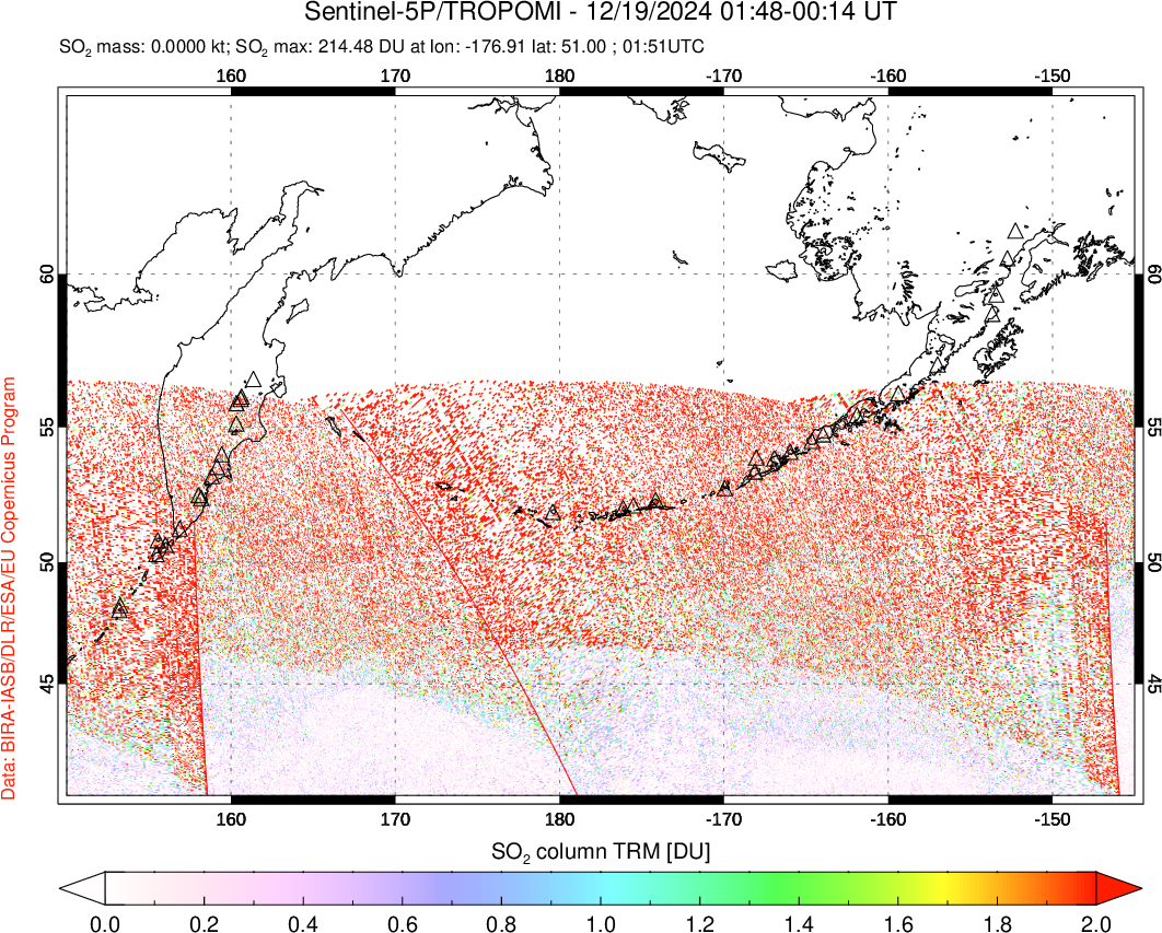 A sulfur dioxide image over North Pacific on Dec 19, 2024.