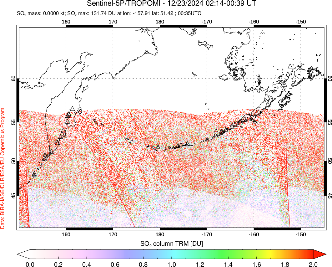 A sulfur dioxide image over North Pacific on Dec 23, 2024.