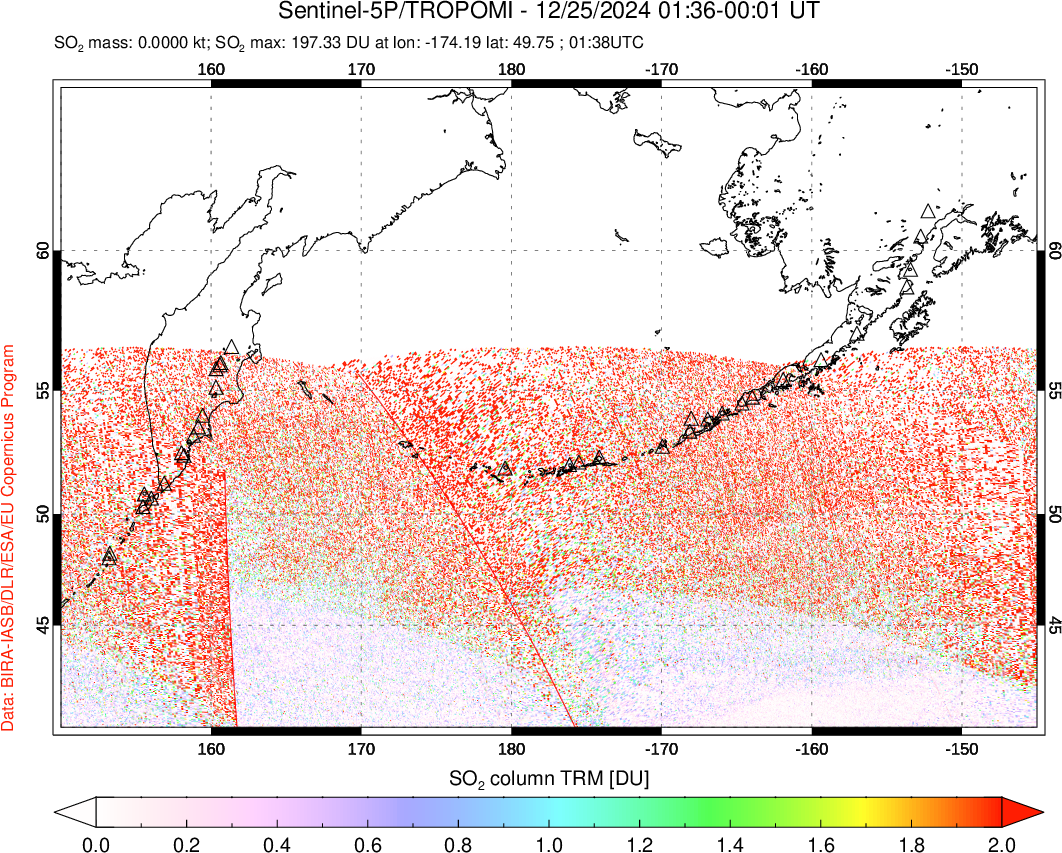 A sulfur dioxide image over North Pacific on Dec 25, 2024.