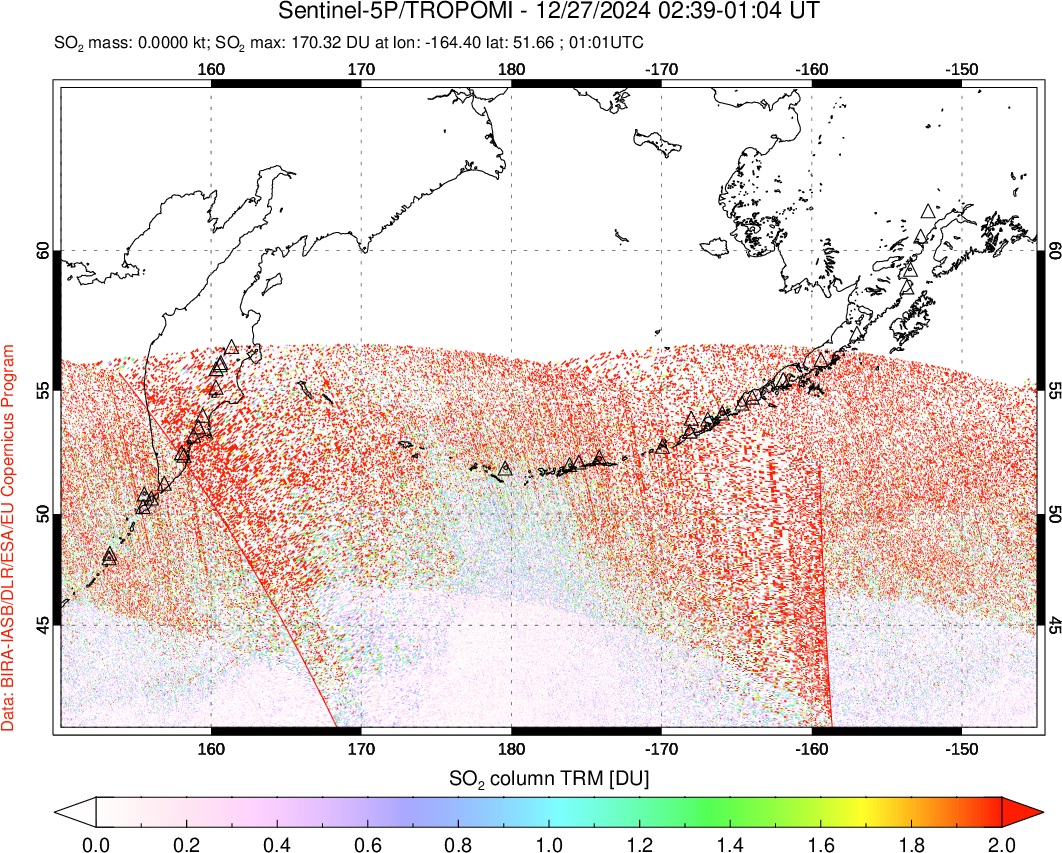 A sulfur dioxide image over North Pacific on Dec 27, 2024.