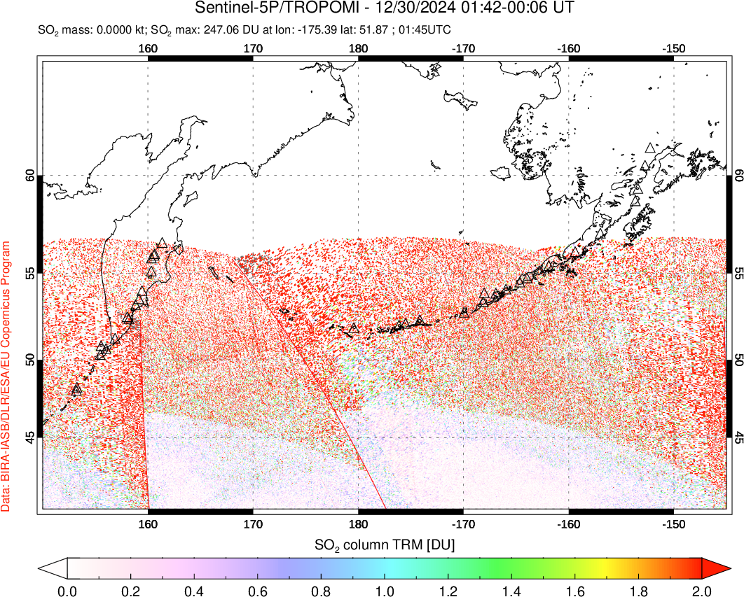 A sulfur dioxide image over North Pacific on Dec 30, 2024.