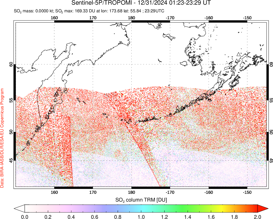 A sulfur dioxide image over North Pacific on Dec 31, 2024.