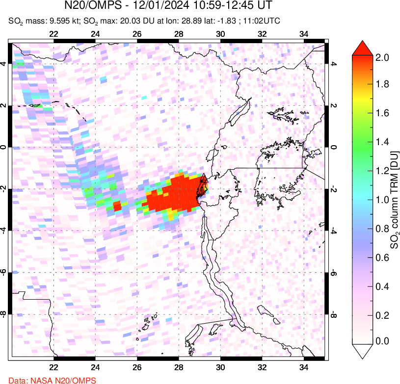 A sulfur dioxide image over Nyiragongo, DR Congo on Dec 01, 2024.