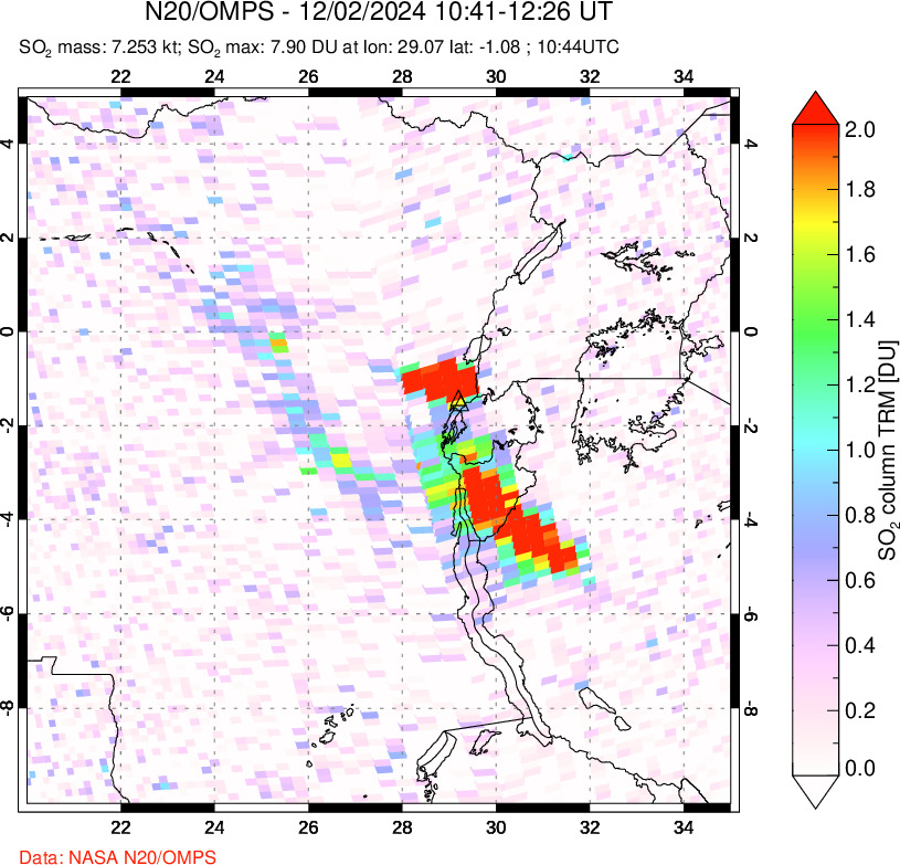 A sulfur dioxide image over Nyiragongo, DR Congo on Dec 02, 2024.