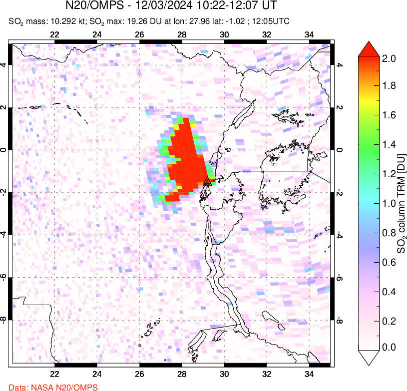 A sulfur dioxide image over Nyiragongo, DR Congo on Dec 03, 2024.