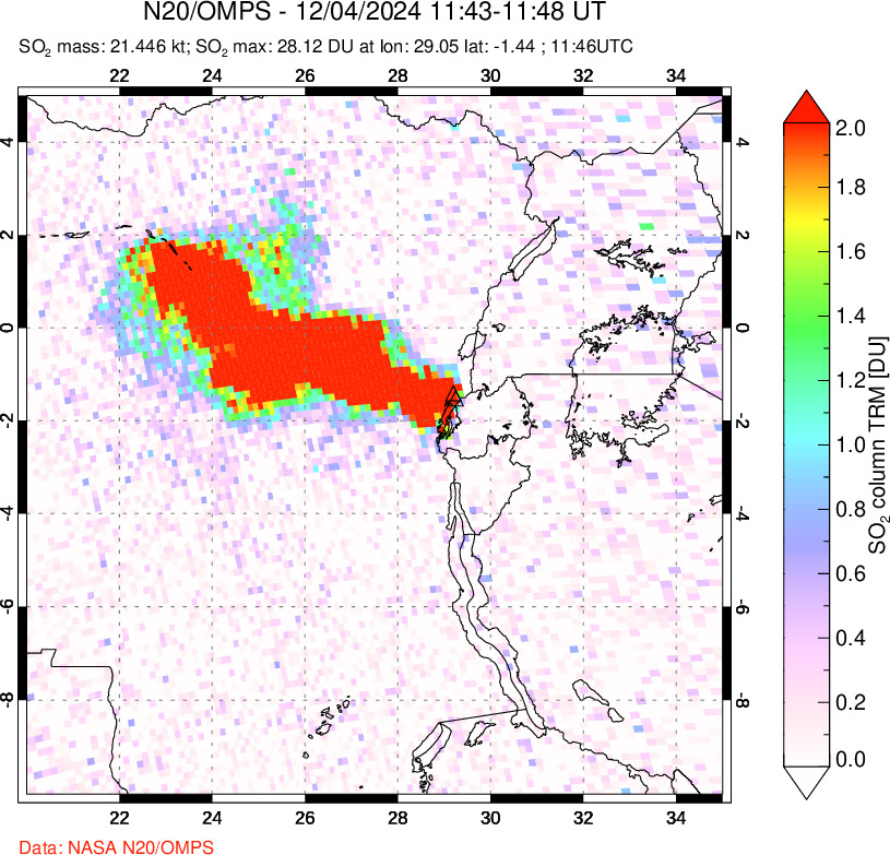 A sulfur dioxide image over Nyiragongo, DR Congo on Dec 04, 2024.