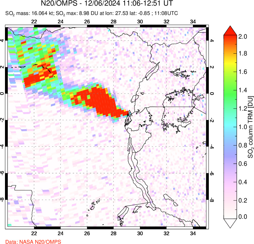 A sulfur dioxide image over Nyiragongo, DR Congo on Dec 06, 2024.