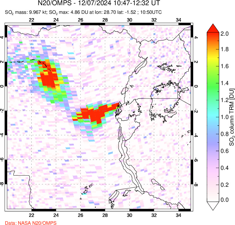 A sulfur dioxide image over Nyiragongo, DR Congo on Dec 07, 2024.