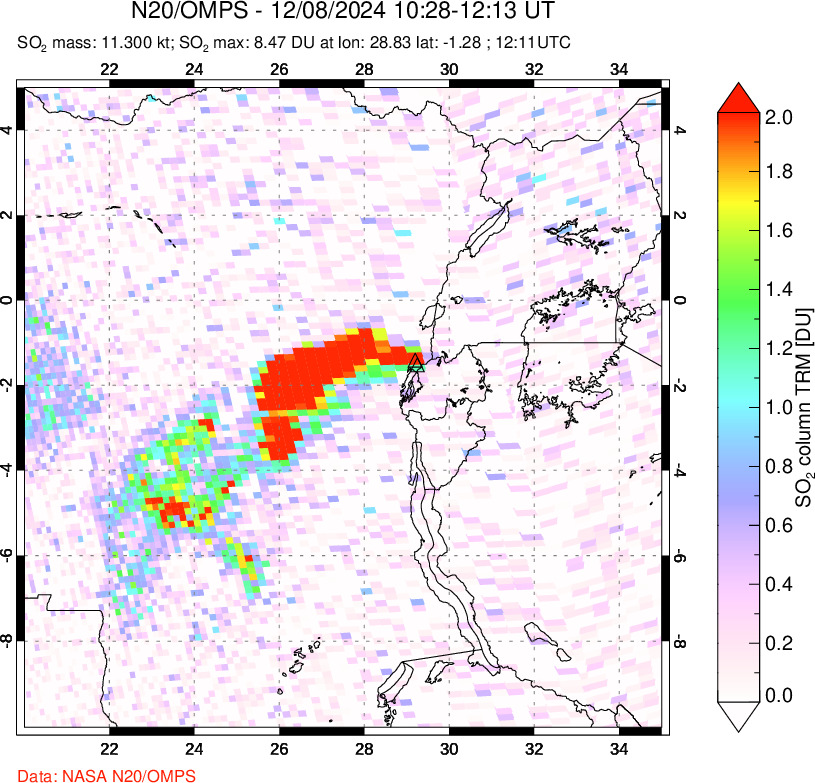 A sulfur dioxide image over Nyiragongo, DR Congo on Dec 08, 2024.