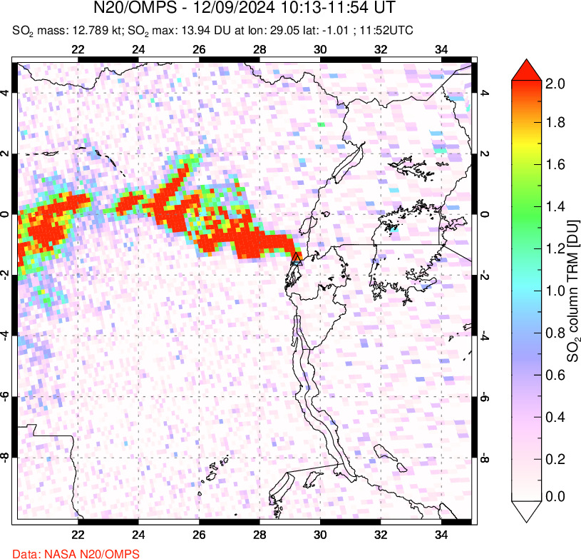 A sulfur dioxide image over Nyiragongo, DR Congo on Dec 09, 2024.