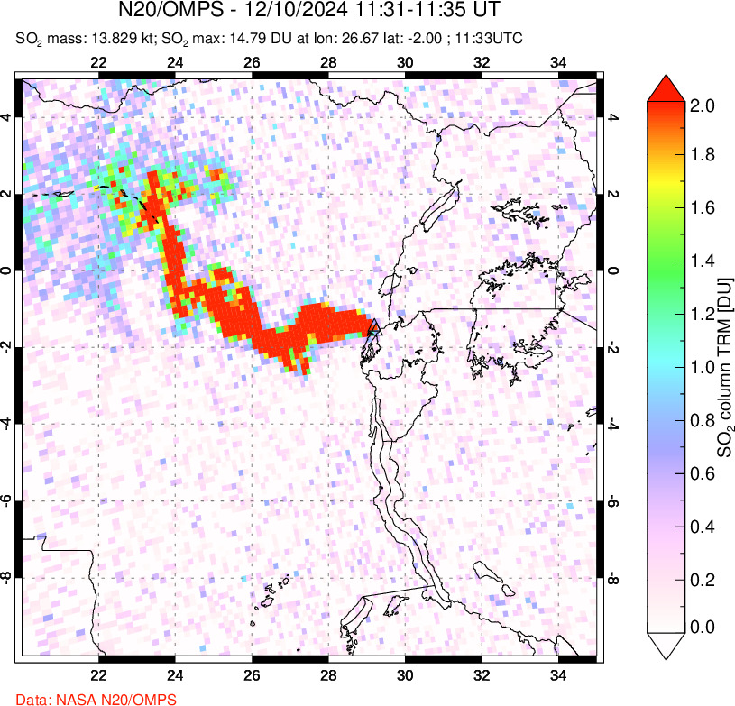 A sulfur dioxide image over Nyiragongo, DR Congo on Dec 10, 2024.