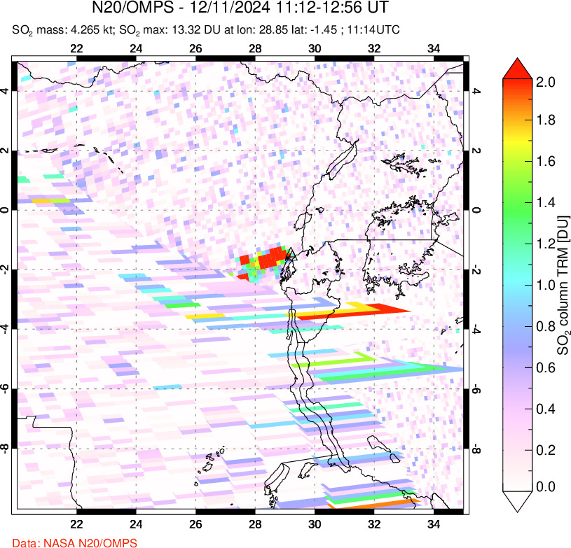 A sulfur dioxide image over Nyiragongo, DR Congo on Dec 11, 2024.