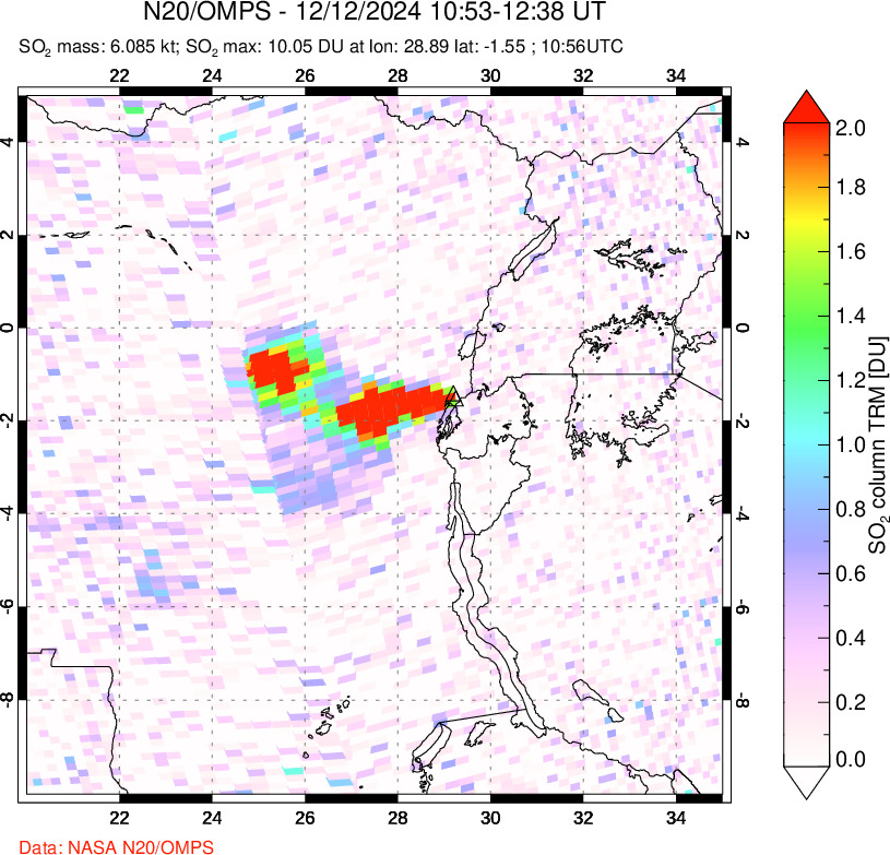 A sulfur dioxide image over Nyiragongo, DR Congo on Dec 12, 2024.