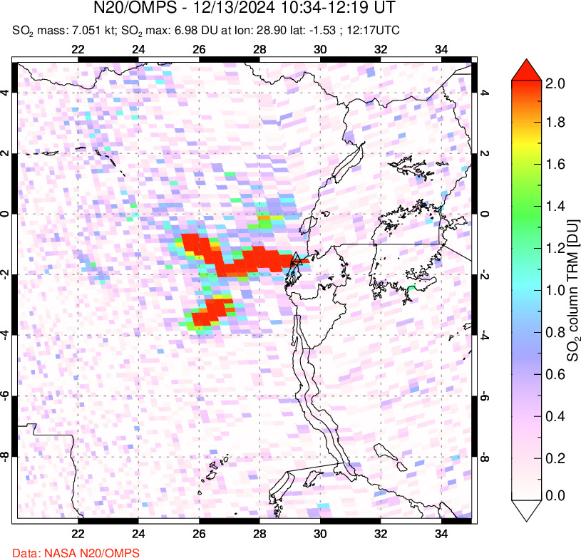 A sulfur dioxide image over Nyiragongo, DR Congo on Dec 13, 2024.