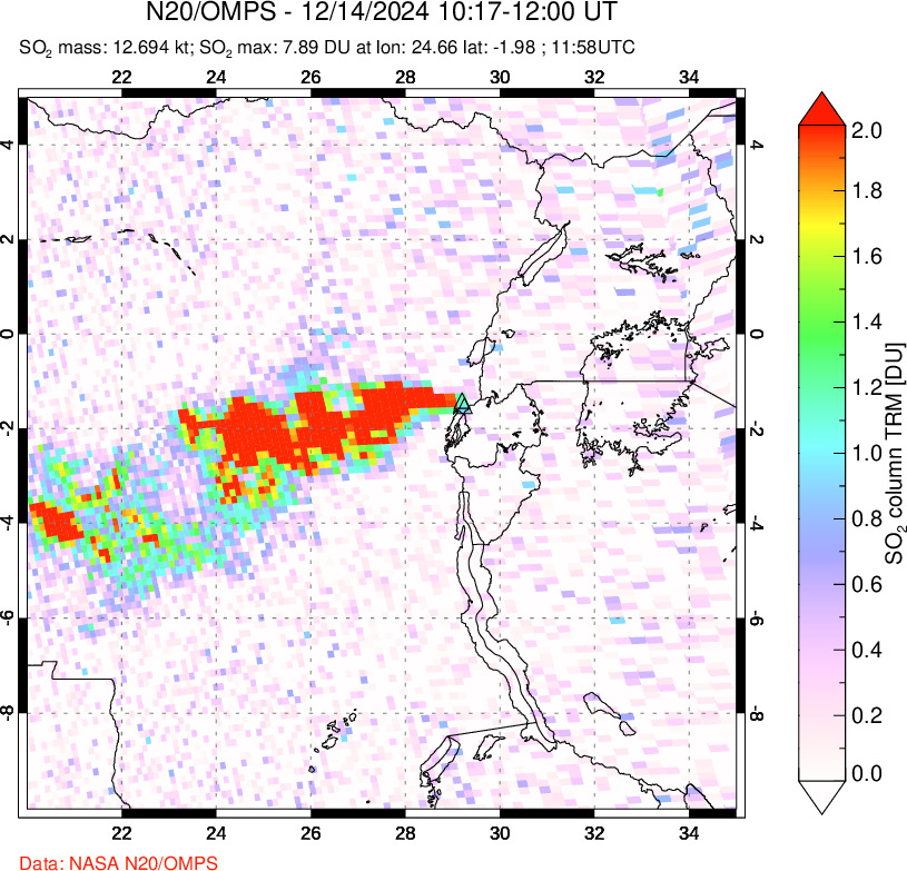 A sulfur dioxide image over Nyiragongo, DR Congo on Dec 14, 2024.